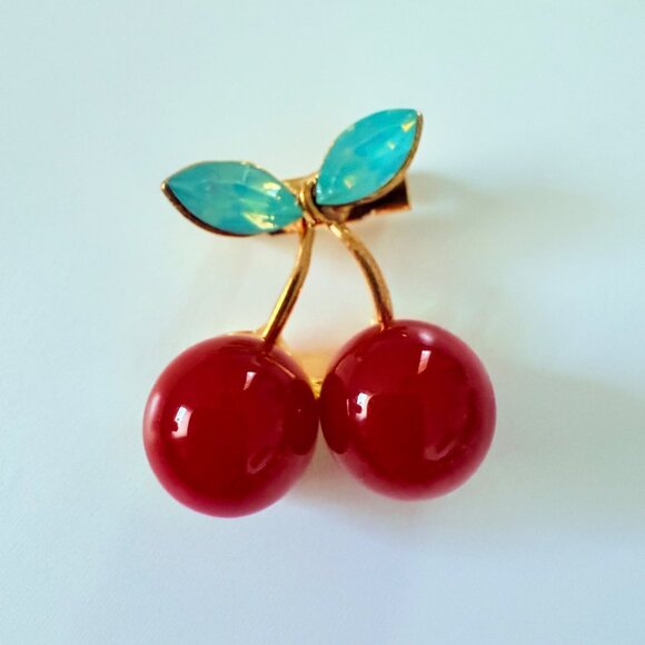 Red Enamel Cherry Brooch Pin Green Acrylic Gem Gold Tone Metal - Picture 14 of 14
